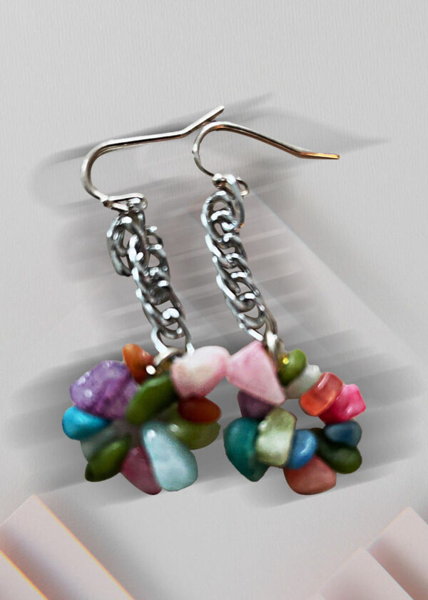 Aretes largos en cadena acero y piedras de colores